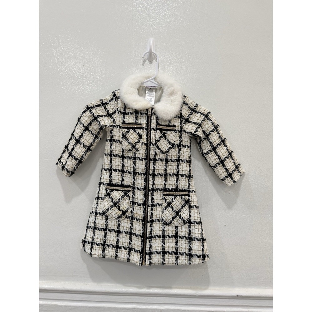 Blueberi Boulevard Girls 4T Tweed Coat Dress Faux Fur Collar Plaid Holiday Coat